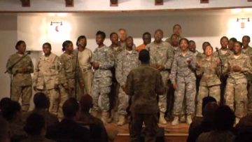 Chaplain LtCol Warren Matties and Gospel Choir in Enduring Faith Chapel at Bagram Air Field